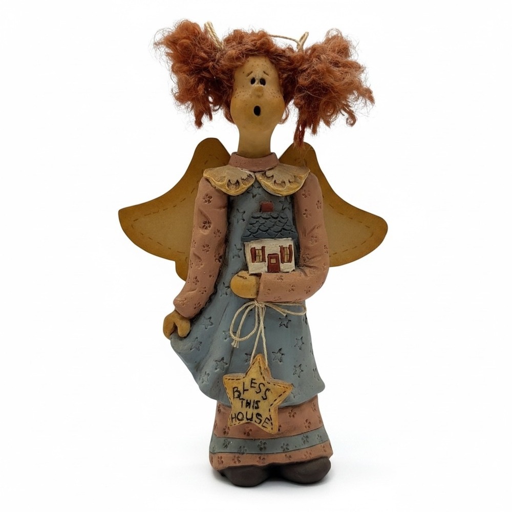 Diana Bless This House Angel Figurine Small Blue Pink Folk Art 1991 Vintage